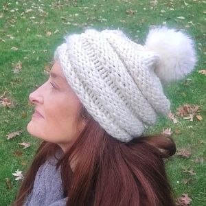 Free People Cream Highline Beanie Pom Beanie